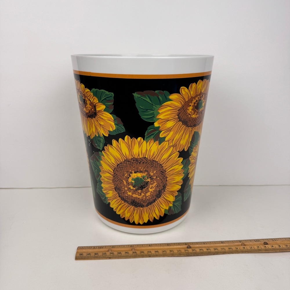 Rare Vtg Plastic Round Sunflower Garbage Can Bathroom Bedroom Grunge White Black - Picture 4 of 10